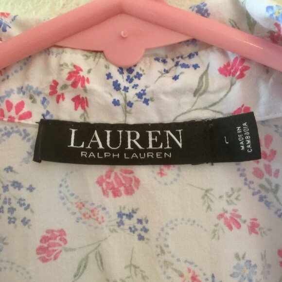 Lauren Ralph Lauren Floral Button Down Size L White Shirt Red and Blue Flowers - Picture 5 of 6